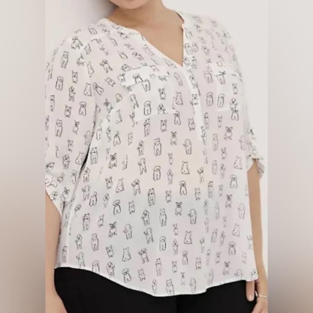 Torrid Harper 3/4 Roll Sleeve Georgette Pullover Dog Pattern, Size 1x
